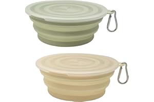 YLAPTEW Medium Collapsible Dog Bowl 23oz,2 Pack Portable and Foldable Pet Travel Bowls with 2 Carabiners & Lids for Dogs Cats and Small Animals (Macaron Yellow+Green, 650ml)
