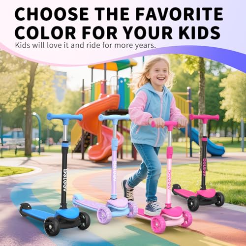 BELEEV A8 Children’s Scooter, 3 to 12 Years Old, Kids’ Folding Scooter with 3 Wheels and LED Lights, 4 Adjustable Heights, Non-Slip Bridge, Scooter for Children and Girls, Childhood Gift