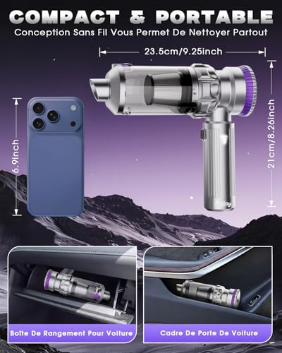 Ortiny Wireless Car Vacuum Cleaner, 28000 Pa Handheld Vacuum Cleaner, 4-in-1 Powerful Wireless Car Vacuum Cleaner with Brushless Motor, 3 Suction Levels for Car Kitchen Home Pet Hair