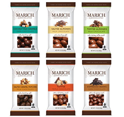 Marich Premium Chocolates 6 Flavor Sampler Bundle, (1) each: Coconut Milk Caramels, Salted Almonds, Toffee Almonds, Salted Caramel Popcorn, Toffee, Espresso Beans (1.76-2.3 Ounces)