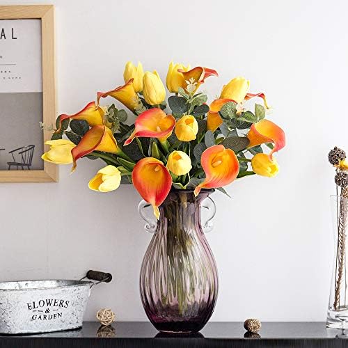 YILIYAJIA Calla Lily Artificial Tulips Bouquets Bridal Real Touch Flowers with Silver Dollar Eucalyptus for Wedding Home Table Decoration (Yellow and Sunset)