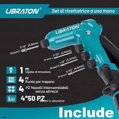 LIBRATON Hand Riveter Professional Riveter Gun with 200 Aluminum Rivets, Includes 4 Drill Bits, 4 Rivet Heads Without Tools (2.4mm, 3.2mm, 4mm, 4.8mm)