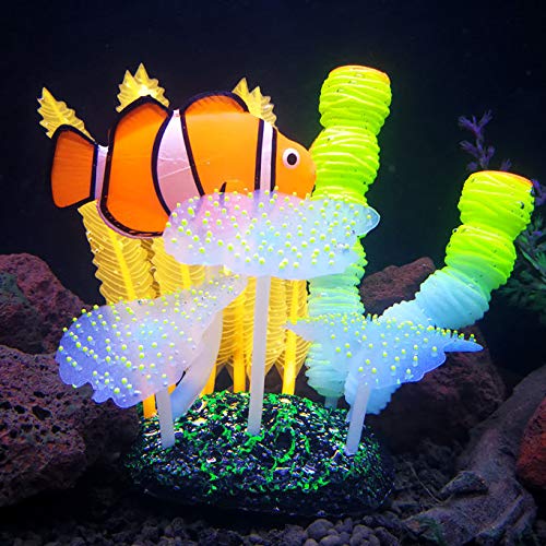 SLOME Aquarium Glowing Green Sea Anemone Ornament - Silicone Coral Decorations with Clownfish Ornament，Orange Seaweed Fish Tank Aquarium Artificial Decor