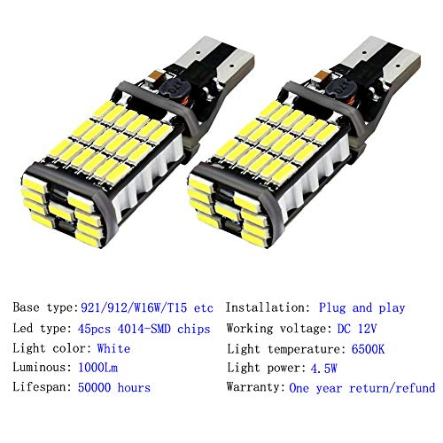 4pcs 912 921 T15 W16W LED Reverse Backup Trunk Cargo Light Bulbs Super Bright 4014 45 SMD 4014 Chipsets CANBUS Backup Light 6500K 4.5W Xenon White