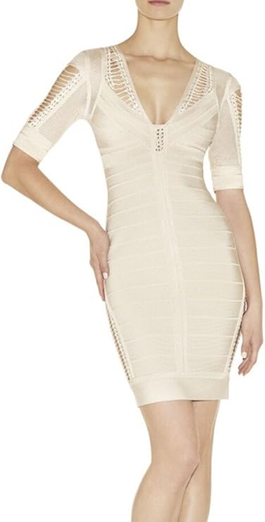 Beige Deep V-neck Long Sleeves Sexy Midi Dress PRICE - Women's Clothing - Best Dress Deals Online