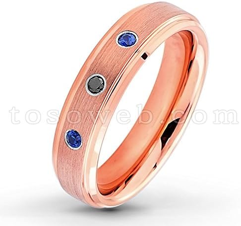 Ladies 0.21ctw Black Diamond &amp; Blue Sapphire 3-Stone Wedding Band, Solid Tungsten Carbide Comfort Fit Anniversary Ring, Rose Gold Plated Brushed Center High Polish Stepped Edge Tungsten Carbide Ring-s14