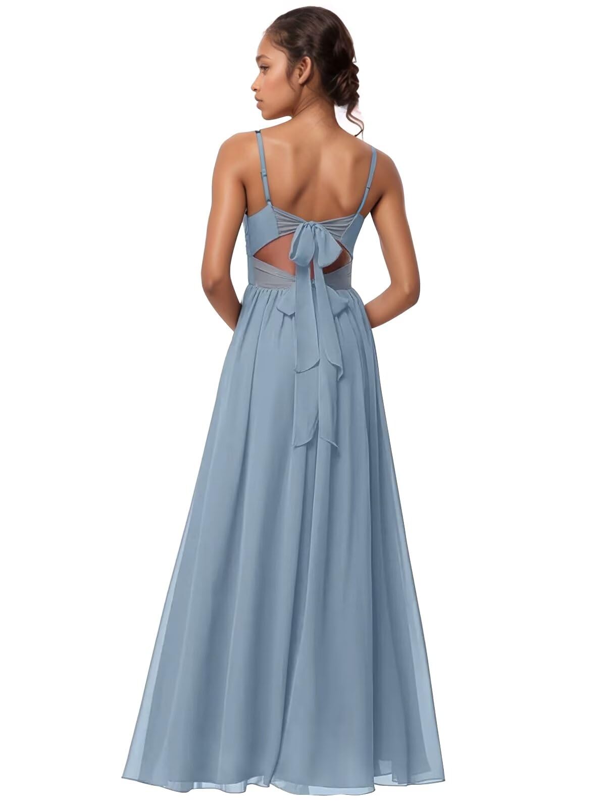 Photo 1 of Lrhneeior Dusty Blue Chiffon Spaghetti Straps Bridesmaid Dresses Tie Prom Dresses for Women Wedding US8