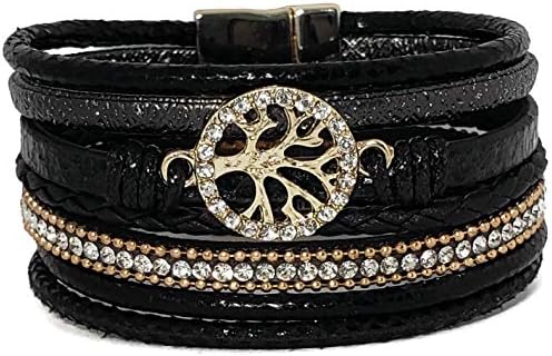 Pelican Sunwear Tree of Life Boho Wrap Bracelet Jewelry for Women - Magnetic Clasp Closure - Wide Multi-Layer Bohemian Leather and Crystal Bracelet - Gift for Girls, Teens, Wife, Mother