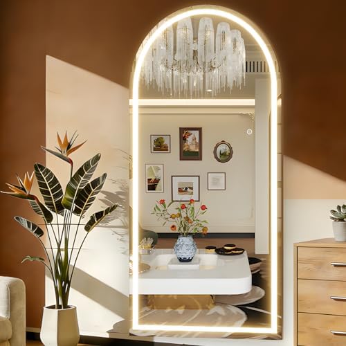 Gewölbter Spiegel in voller Länge mit Beleuchtung, 180x80cm Beleuchteter Bodenspiegel, LED-Spiegel Wandmontiert Dimmbar & 3-Farben-Beleuchtung für Schlafzimmer, Weiß