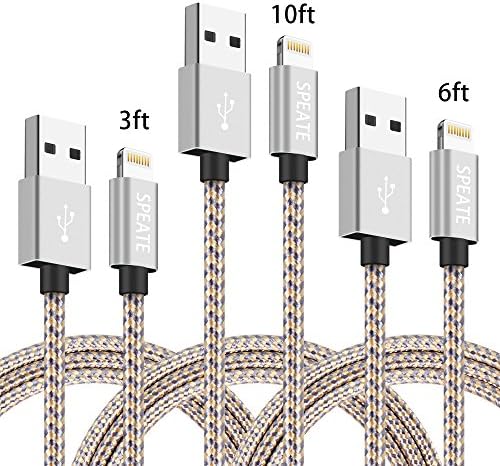 iPhone Charger SPEATE Lightning Cable 3PCS 3FT 6FT 10FT Nylong Braided iPhone charging Cord for iPhoneX/8/Plus/7/7Plus/6/6s/6Plus/6s/5s,iPad, iPod and More (Gold+Gray)