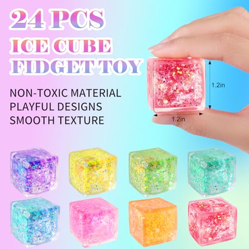 24 Pack Slow Rising Ice Cube Squishy Stress Balls，Stress Cube for Adult Kid | Bulk Taba Squish Fidget Toys, Square Squeeze Toy for Classroom Prizes, Glitter Mini Nice Cube Squishy for Party Favors