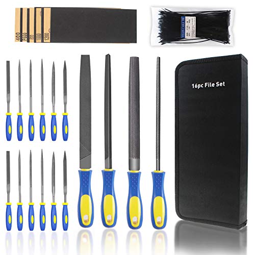 16 Piece Hand File Set, High Carbon Steel File Kits, File Tools Suitable for Metal, Wood, Jewelry and DIY, with a Pack of Zip Ties and Sandpaper To Help with Fixing and Fine Polishing