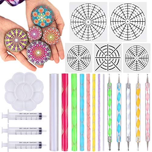 Mandala Dotting Tools 22 Pcs Mandala Rocks Painting Kit, Include Mandala Stencil, Mandala Dotting Pen, Paint Tray, Syringe for DIY Mandala Painting Art Crafts by INFELING