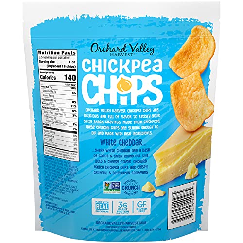 ORCHARD VALLEY HARVEST WHITE CHEDDAR CHICKPEA CHIPS, 3.5 OUNCES (PACK OF 6), PLANT-BASED PROTEIN, NON-GMO, NO ARTIFICIAL INGREDIENTS
