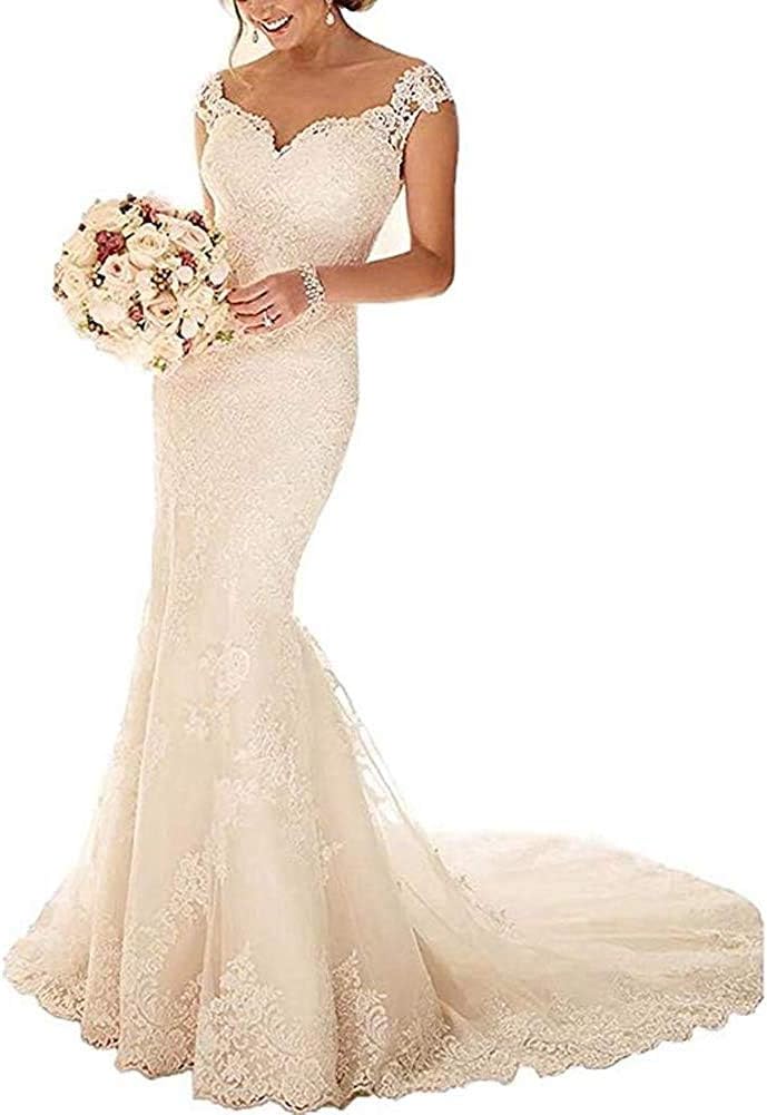 HolygiftWomen's Mermaid Lace Wedding Dresses for Bride 2022 V-Neck Sleeveless Tulle Bridal Gowns Ivory US12