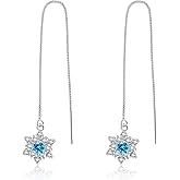 SLUYNZ Solid 925 Sterling Silver Blue Crystal Snowflake Dangle Earrings Chain for Women Snowflake Dangling Earrings Threader Tassel Christmas Gifts