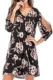 SUNNOW Women's V Neck Floral Print Cold Shoulder Open Sleeves Summer Beach Shift Dress