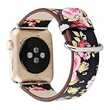YuKing Flower Design Strap for Apple Watch,Soft PU Leather Floral Printed Style Watch Band 38mm 42mm Strap Wrist Band for iWatch Smart Fitness Watch Series 3 2 1 Version (Black+ Pink 38mm)