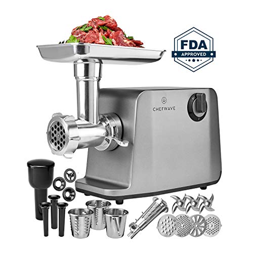 ChefWave Electric Meat Grinder FDA Approved - Stainless Steel Heavy Duty 1800W Max 3-Speed - 4 Grinding Plates, 3 Cutting Blades, Tomato Juicer, Sausage Stuffer Tubes + Cutting Board + Sausage Pricker