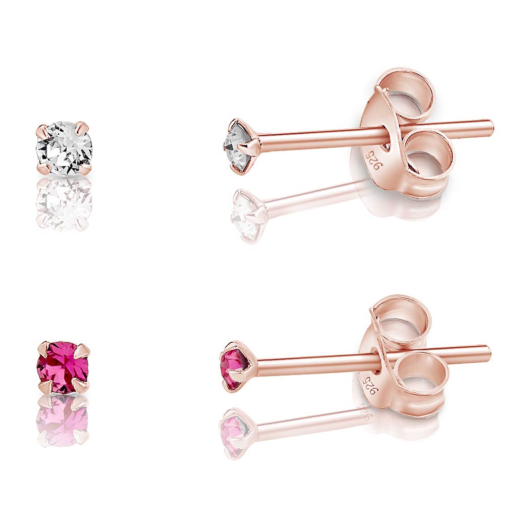 Small Solitaire Stud Earrings Set of 2 Pairs 925 Sterling Silver Rose Gold Plated 18K - Tiny Gold Studs 2 mm - Minimalist Sparkle Stud Earrings with Pink and Clear Crystal