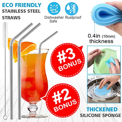 image for Reusable Silicone Food Storage Bags, JONYJ Bonus Stainless Steel Straw