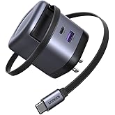 UGREEN Nexode 65W GaN USB C Retractable Charger with Built-in Cable, 2-Port Fast Charging Wall Adapter for iPhone 17/16/15, Galaxy S25/S24, Pixel 10/9/8, MacBook Pro/Air, iPad, AirPods