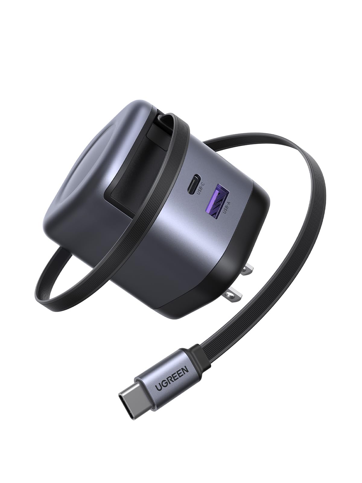 UGREEN 65W 充電器 巻き取り式【単ポート65W】69CM 8階段調整可能 伸縮式 Type-C ケーブル内蔵 USB-C/USB-A 3ポート同時充電可能 PD3.0/PPS 旅行/出張/収納/スマホ/iphone17 16/パソコン/タップレットなどType-C適合 200g