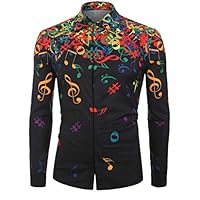 SoeHir Men Fashion Coat Novelty Musical Note Pattern Top Casual Long Sleeves Lapel Shirt Blouse Black