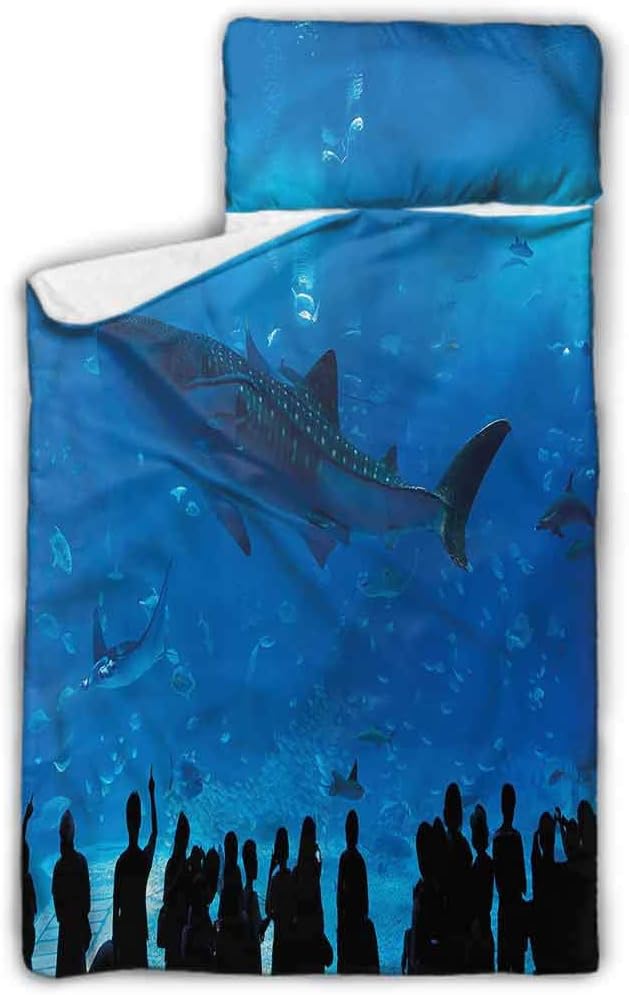 Nap Mat Includes Pillow and Fleece Blanket, Shark,Aquarium Park and People, 43" x 21" Sleeping Bag for Kids Toddlers, Anti-Static Napping Mat for Daycare Ages 2-6 Years