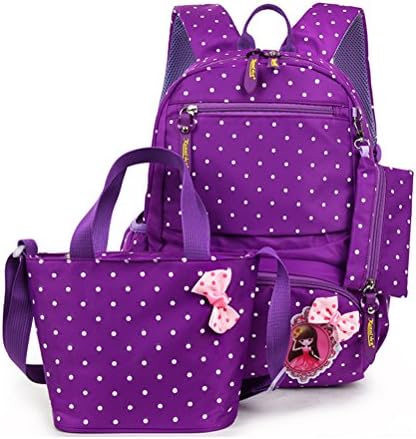 SUNSHAK Set of 3 Polka Dot Girls School Backpack Bookbags/Handbag Pouch(Purple)
