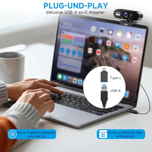 AOC Webcam 4K Ultra HD, Webcam with Microphone & Lens Cover, PC Camera Plug & Play, 99° View, Auto Focus, Web Cam Compatible with Zoom/Teams/Skype, for Home Office, Streaming, FaceTime, Black