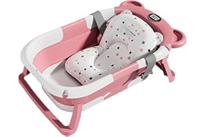 YUTIANLI Collapsible Baby Bathtub with Bath Pad Portable Bathtub with Thermometer and Drain Hole Baby Bathtub for Infants to Toddler 0-36 Months