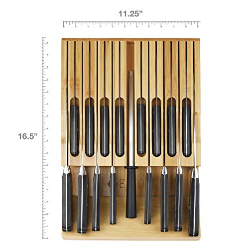 Eltow In-Drawer 16 Knife Block Bamboo Organizer | Drawer Knife Set Storage with Safety Slots for 16 Knives and Knife Sharpener | Cutlery Set Holder Elegantly Crafted from MOSO Bamboo