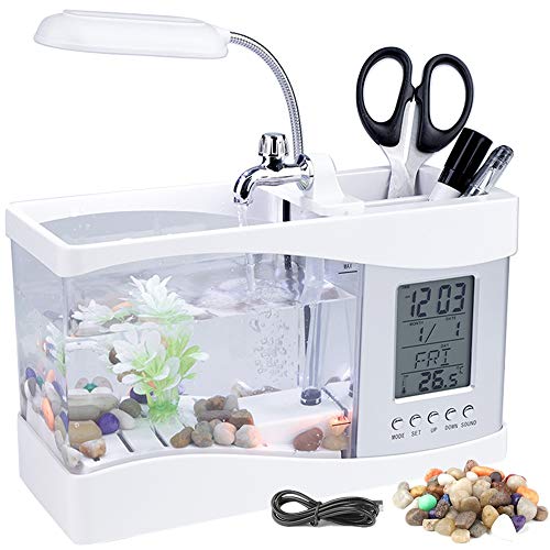 LED Fish Tank, Multifunctional 4-Gallon Aquarium USB Rechargeable Mini Fish Tank Aquarium Starter Kits with Clock Function LED Light