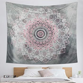 Dremisland Indian Tapestry Hippie Bohemian Grey&Pink Mandala Flower Tapestry Wall Hanging Bedding Tapestry (Pink&White Flower, L:80