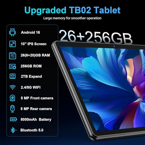 Android 16 Tablet with Keyboard, 2026 Android Tablet 10 inch, 26GB+256GB+2TB Expand, Electronic Tablet PC with Gemini, 8-Core, 8000mAh, 5G WiFi, GMS, 2 in 1 Tablet with Case/Mouse/Stylus(Black Case)