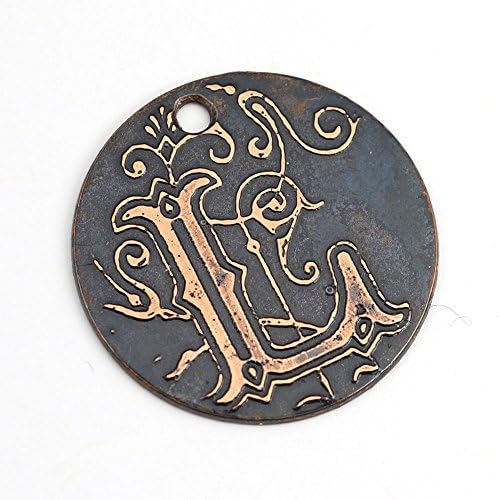 Copper letter L pendant, round flat etching, 25mm