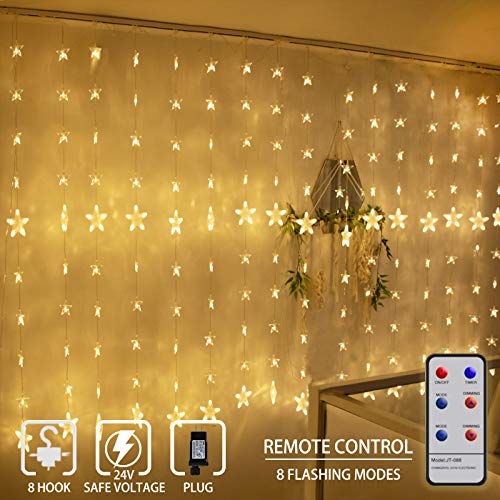 TOFU 80 Stars 144 LED Curtain String Lights, Window Curtain Lights with 8 Flashing Modes & Remote Control, Decoration for Christmas, Wedding, Party, Home, Bedroom, Patio Lawn, Warm White - Thumbnail 6