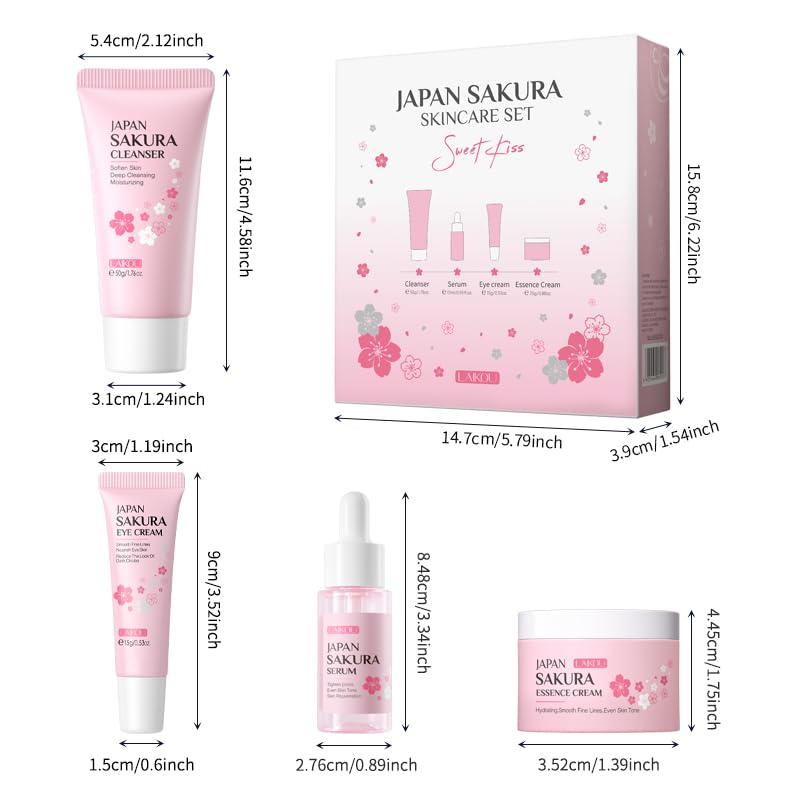 LAIKOU Sakura Skincare Set, 4 PCS Skincare Gift Set Women - Cleanser, Serum, Eye Cream, Face Cream, Skincare Gift Set for Women Teenage Girls Mom Daughter