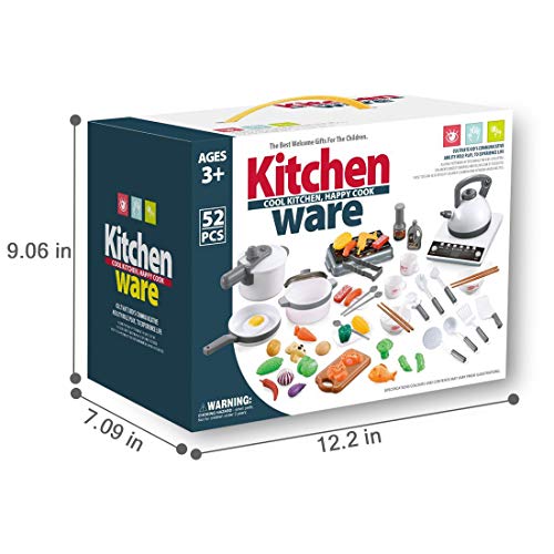 QUQUMA 52PCS Kitchen Play Toys, Pretend Play Cookware Set with Pots and Pans, BBQ Toy, Cutting Vegetables, Play Food and Cooking Utensil for Kids 3+ Year Old