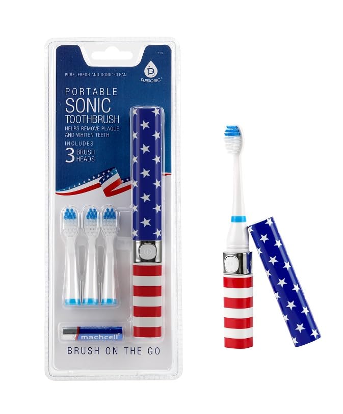 Pursonic Portable Sonic Toothbrush Battery Operated, Battery Included, 3 Brush Heads Included, 22,000 Strokes Per Minute, Brush On The Go (USA)