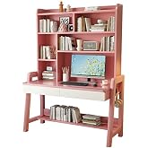 CraftThink Writing Desk, Wood Study Table with Drawer and Storage Shelves, Computer Desk Work Table with Hutch for Home Office (Pink, Desk, 55" L x 23.5" W x 71" H)