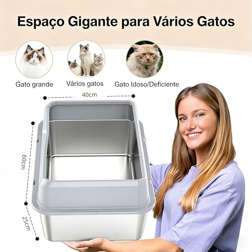 Caixa de Areia para Gatos em Aço Inoxidável com Tampa, Anti-vazamento, Fácil de Limpar, para Gatos Grandes e Múltiplos, Inclui Pá, bandeja de areia extra grande de aço