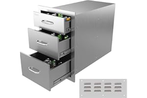 WOKYO Stainless Steel Outdoor Kitchen Cabinet Drawers Flush Mount 3-Drawer BBQ Drawer with Handles for Outdoor Kitchens or Patio Grill Station (14" W x 20.3" H x 23" D)