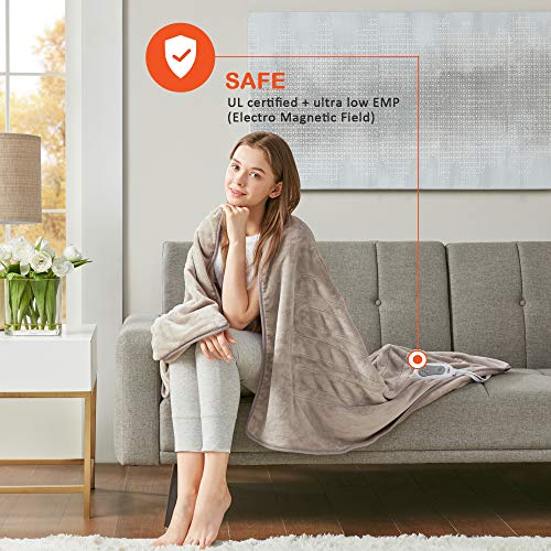 Microplush Electric Blanket with Foot Pocket Brown 50x62 Heated Lap Throw for Home or Office