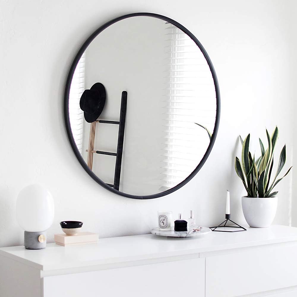 KAASUN 26-Inch Large Wall Mounted Round Mirror Premium Brushed Metal Coated Frame Black Wall Mirror for Washroom, Entryways, Living Rooms: Furniture & Decor