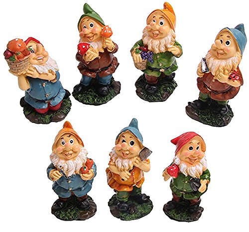 Juniqute Mini Gnomes Fairy Garden Set Seven Dwarfs Statue With Mushrooms And Tools (7Pcs)