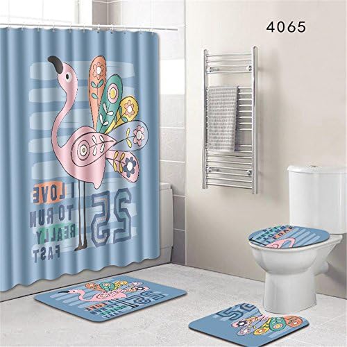 Oyeahbridal Set of 4 Ins Fashion Style Shower Curtain and Bath Mat Set,Blue Flamingos Waterproof Non-slip Bathroom Curtain and Rug Set with Hooks(Multi 19)