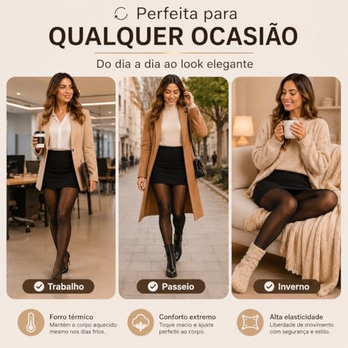 Meia Calça Térmica Feminina Translúcida Forrada Pelinho Preta Tamanho Único 36 ao 44 Interior Aveludado Efeito Meia Fina Forro Pelúcia Poliéster Elastano Para Inverno