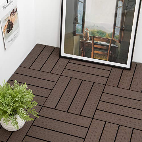 PANDAHOME 22 PCS Deck & Interlocking Flooring Tiles, 12"x12", Wood-Plastic Composite Patio Tiles, Water Resistant for Indoor & Outdoor, 22 sq. ft - Coffee Wood Grain